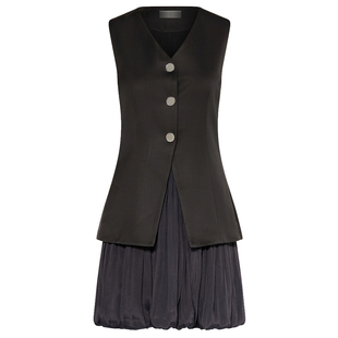 沃格S早春新品黑蓝拼色假两件V领无袖马甲款百褶拼通勤优雅连衣裙