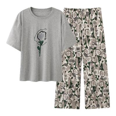 短袖长裤薄款学生纯棉带胸垫睡衣