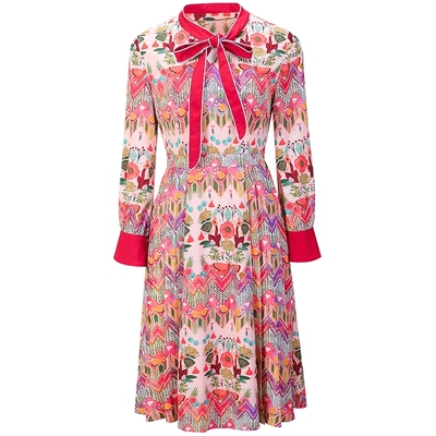 法式收腰蝴蝶结长袖碎花连衣裙