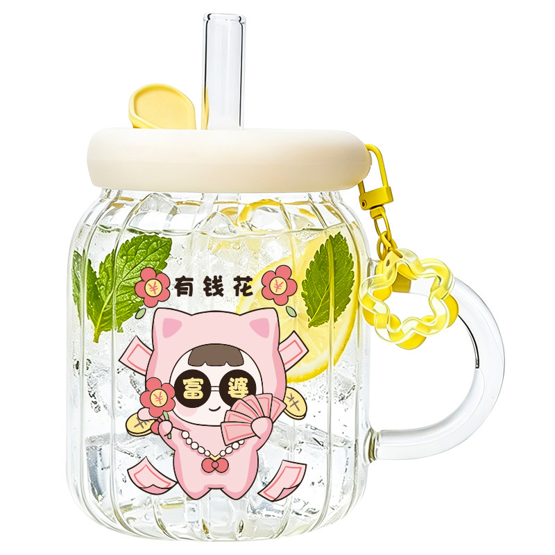 吨咚条纹把手玻璃杯加粗玻璃吸管