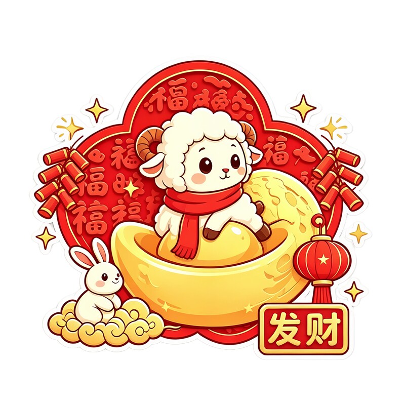 卡通小羊墙贴坐大金元宝搭配小兔鞭炮灯笼发财吉祥新年装饰贴纸画