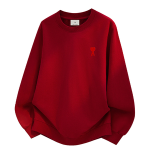 Ami iepo官方酒红色圆领卫衣男女情侣秋冬季新款潮牌宽松百搭上衣