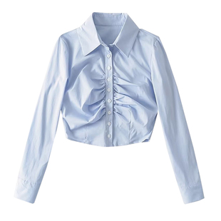 YoungGirlDay纯欲性感单排扣褶皱收腰短款露脐翻领长袖衬衫上衣女