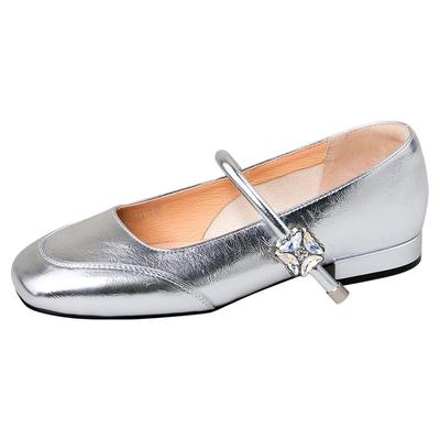 索菲娅银色玛丽珍2026春季新款法式复古衬裙子平底浅口单鞋小皮鞋