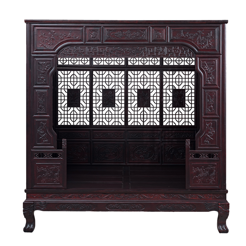 红花梨踏步床老榆木明清复仿古代古典床实木雕中式单双月洞架子床