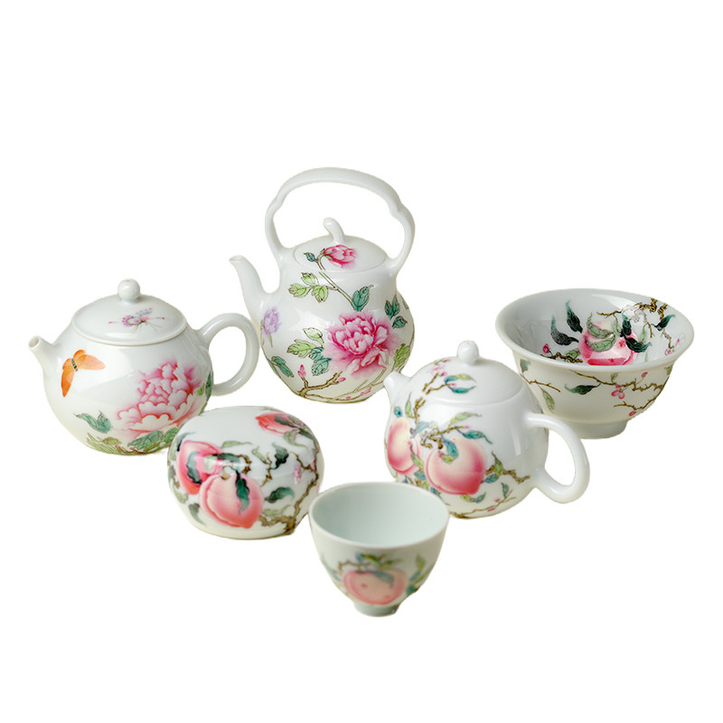 灵玺贡坊 景德镇高端粉彩手绘桃子牡丹功夫茶具盖碗茶壶壶承茶杯