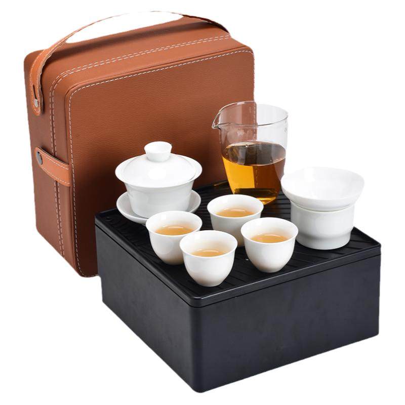 德化白瓷功夫旅行茶具茶盘套装家用盖碗泡茶杯储水盘陶瓷logo定制
