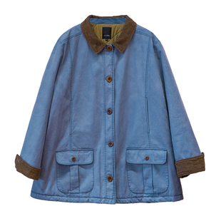 胖mm冬季复古工装棉服木子理想大码女装中长款水洗做旧口袋棉外套