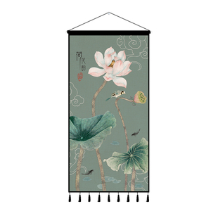 中式荷花布艺挂画挂布背景布中国风禅意挂毯墙上卧室客厅玄关装饰