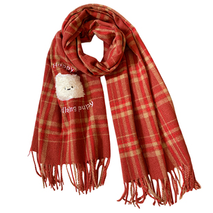 可爱红色格纹西高地仿羊绒围巾女秋冬氛围感保暖防寒护颈围脖披肩