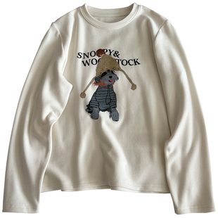 韩版小狗字母印花双面绒圆领长袖T恤女宽松减龄内搭上衣厚实冬季