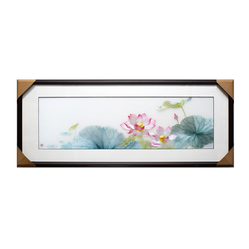 50*125顾氏手工苏绣水彩荷花 新中式刺绣成品挂画餐厅床头装饰画
