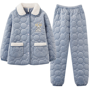 马克公主三层夹棉加绒情侣睡衣外套女冬天珊瑚绒超厚卡通家居服男