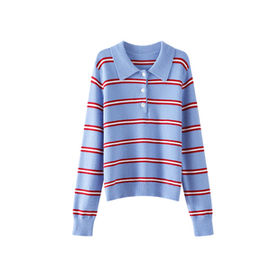 OSA欧莎撞色条纹翻领针织衫女2025冬新款学院风显瘦减龄毛衣上衣