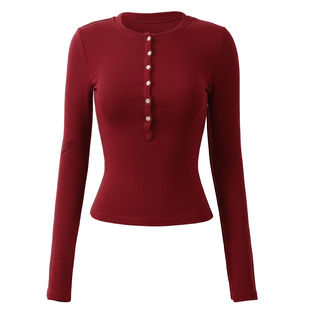 耐吉奥红色打底瑜伽服上衣女新款亨利领内搭休闲舒适普拉提训练服