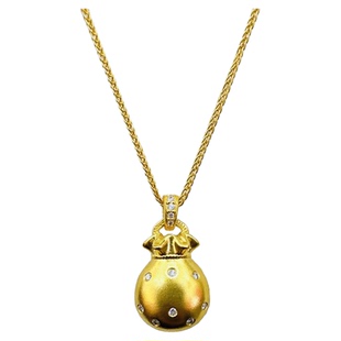 复古拉丝小福袋项链 女18K金新中式钱袋镶钻中古风纯银金坨礼物潮