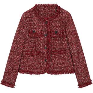 KBNE红色粗花呢短款羊毛小香风外套女2026春季新款复古小个子上衣