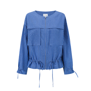 【deepmoss】2026春夏新款海蓝条纹宽松抽绳拉链衬衫外套