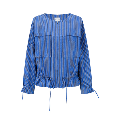 【deepmoss】2026春夏新款海蓝条纹宽松抽绳拉链衬衫外套