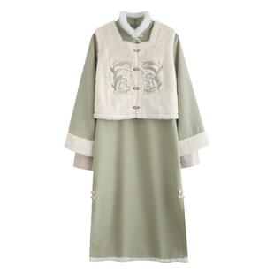 新款2024新款旗袍秋冬款唐装中国风女装红色订婚套装新中式连衣裙