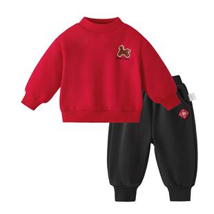 [抑菌锁温]儿童套装秋冬男童裤子卫衣宝宝两件套女童加绒衣服红色