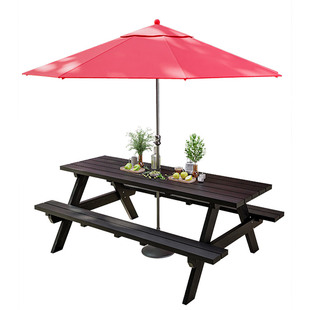 户外庭院露天带遮阳伞实木连体桌椅组合室外餐厅商用外摆休闲餐桌