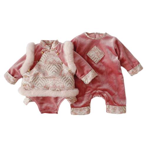 婴儿加绒年服周岁儿童冬装女宝宝冬款加厚拜年服秋冬唐装旗袍马甲