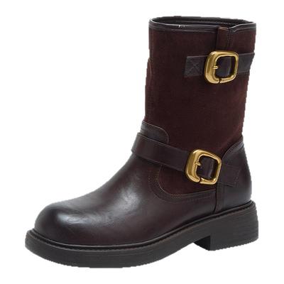 15mins棕色短靴女皮带扣时装靴子