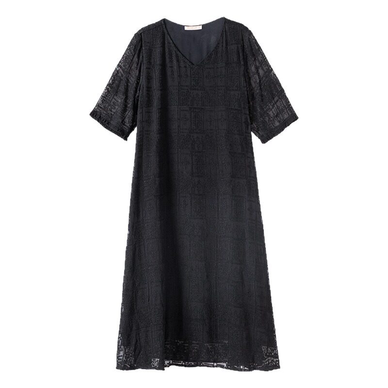 高档重磅真丝绣花V领连衣裙女夏