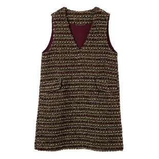 宝诗黎V领气质亮片条纹背心裙2026春季韩系直筒休闲无袖连衣裙潮