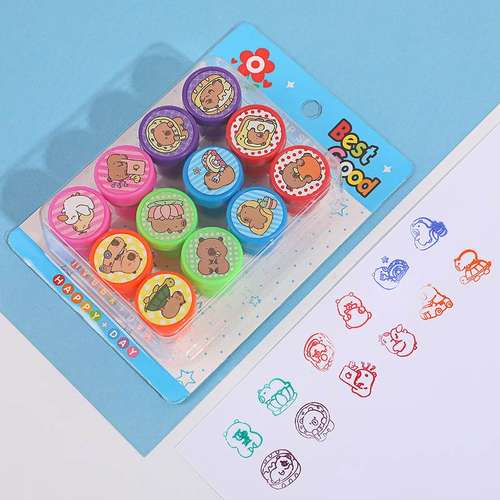 卡皮巴拉印章儿童奖励图按压可爱豚鼠创意盖章印章12卡通涂鸦玩具