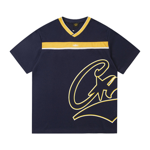 corteiz美式高街潮牌运动休闲撞色拼接网眼透气V领短袖T恤球衣fog