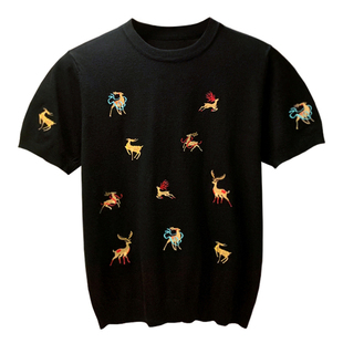 欧美潮流衣服男款短袖t恤男 轻奢麋鹿刺绣修身内搭上衣针织短袖男