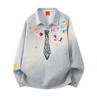 查尔斯桃心美式翻领长袖T恤男春秋季领带小狗印花纯色解构上衣