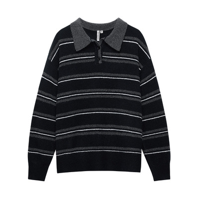 美特斯邦威复古条纹翻领舒适毛衣