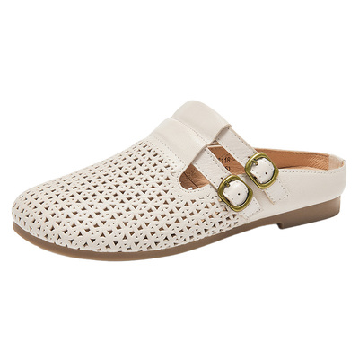 【羊皮】真皮包头半拖鞋凉拖女夏外穿2025新款平底一脚蹬鞋勃肯鞋