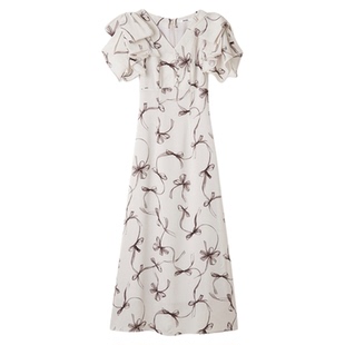 SNIDEL2025秋冬新品优雅V领短袖收腰蝴蝶结印花连衣裙SWFO254025