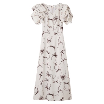 SNIDEL2025秋冬新品优雅V领短袖收腰蝴蝶结印花连衣裙SWFO254025