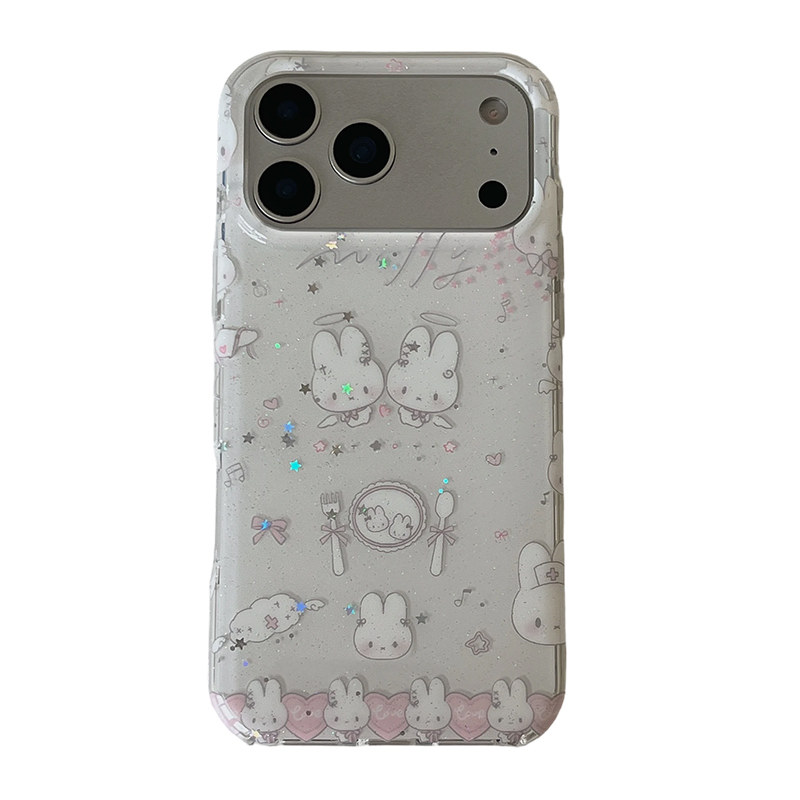 独壳ins涂鸦白色餐具兔子带毛绒挂绳适用苹果18promax手机壳可爱iPhone17新款16防摔14pro女款15手机
