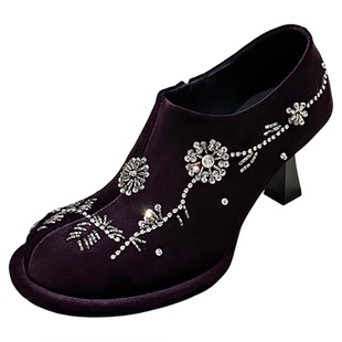 2026春新款女鞋圆头细跟丝绒深口新中式国风串珠复古高跟鞋小单鞋