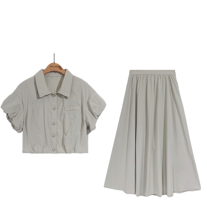 Basic House/百家好夏季新款轻奢套装泡泡袖衬衫半身长裙子两件套