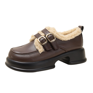 真皮版~秋冬毛毛鞋英伦风单鞋加绒棉鞋乐福鞋女厚底复古小皮鞋子