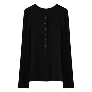 HAMYIHO 天丝半开领条纹打底衫女秋冬内搭高级设计感长袖T恤上衣