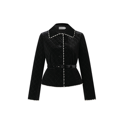 OBEG欧碧倩流光复古风小香钉珠绗缝丝绒外套2025冬季新款50504507