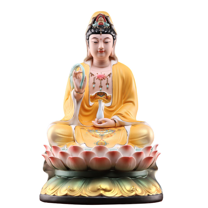 戴玉堂陶瓷《正坐莲花观音像橙韵彩》家用供奉观世音菩萨佛像摆件