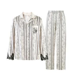 MYBODY商场同款睡衣女套装山茶花印花蕾丝袖长袖长裤可外穿家居服