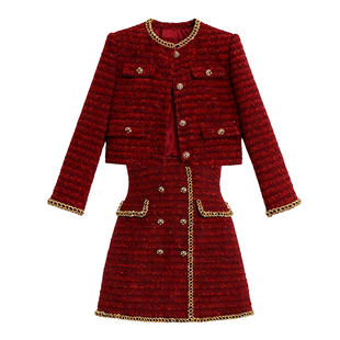 DPLAY【黑标】2025年冬季红色外套女闪钻亮片小香风粗花呢上衣