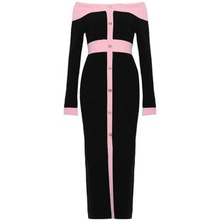 DPLAY2025年秋季新款法式黑色连衣裙女气质修身收腰针织长款裙子