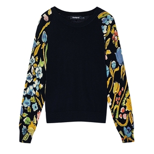 Desigual针织彩色花卉拼接袖设计黑色女士针织衫毛衣