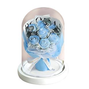 碎冰蓝玻璃罩永生花玫瑰香皂花束满天星干花七夕送男女友生日礼物